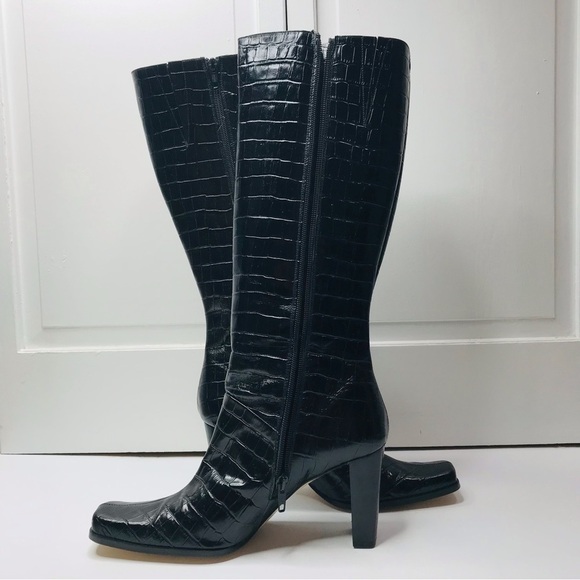 COUP D’ETAT Black Crock Print Leather High Heel Boots Size 9.5B - Picture 7 of 11